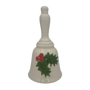 Vintage Ceramic Bell White Holly Leaves Red Berries Hand Painted Working Clapper